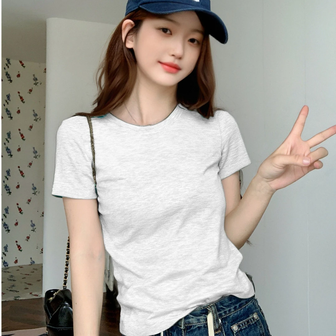 圆领正肩T恤纯色短袖女新款夏季修身收腰百搭减龄洋气打底衫上衣