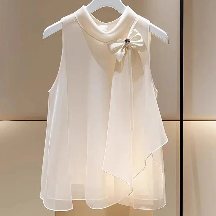 无袖衬衫女夏季新款时尚开叉蝴蝶结背心衬衣百搭法式小众上衣潮