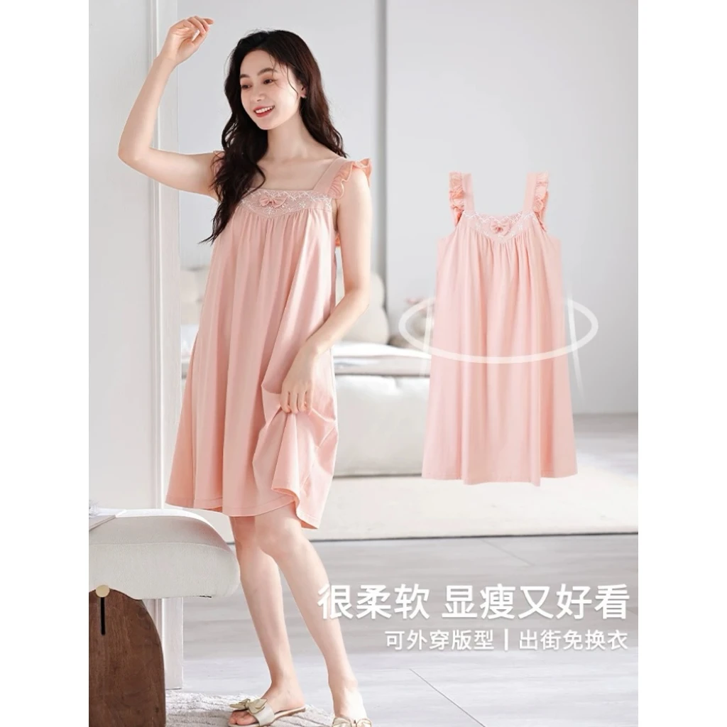 甜美性感薄款女士蕾丝花边纯棉无袖背心睡裙夏季新款中长款家居裙