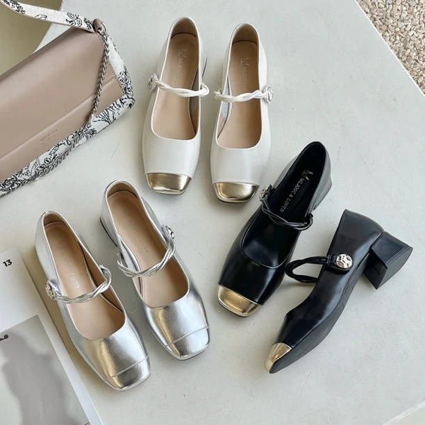 【新疆包邮】2022新款粗跟法式拼接魔术贴百搭玛丽珍小皮鞋2226-1