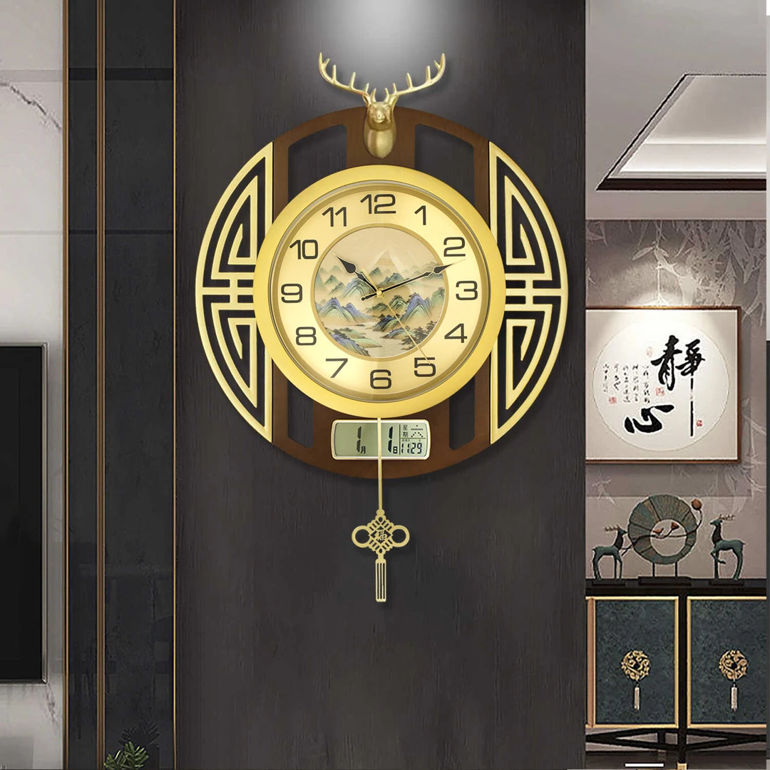 新中式轻奢创意挂钟客厅家用免打孔时尚大气石英钟新款圆形大挂表