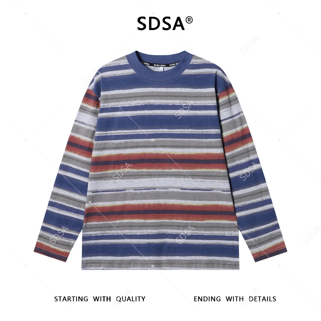 SDSA秋季新款男士痞帅简约休闲撞色条纹圆领长袖T恤小众设计百搭