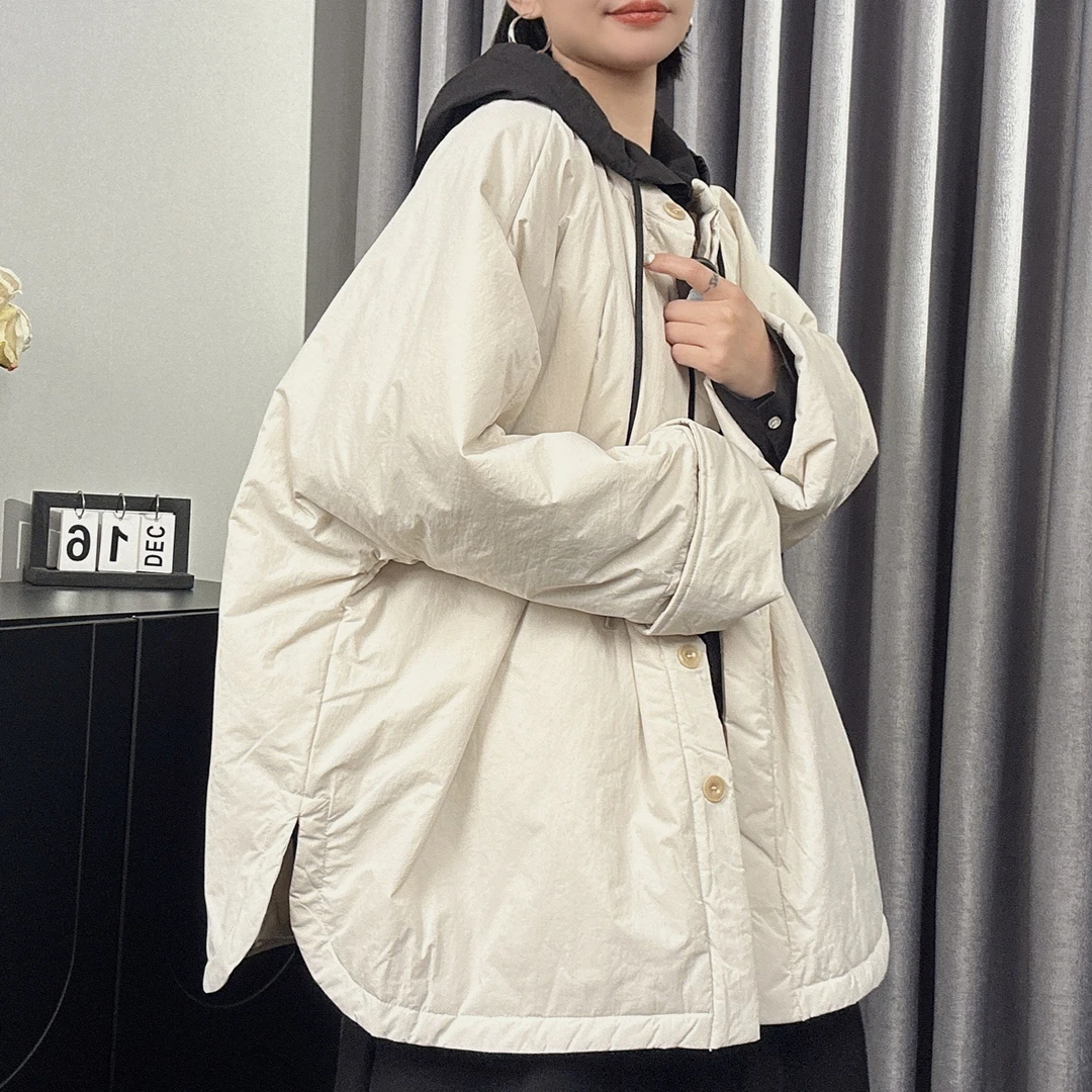 婉倾（下摆弧形小棉服）秋冬新款圆领宽松百搭休闲减龄棉服外套
