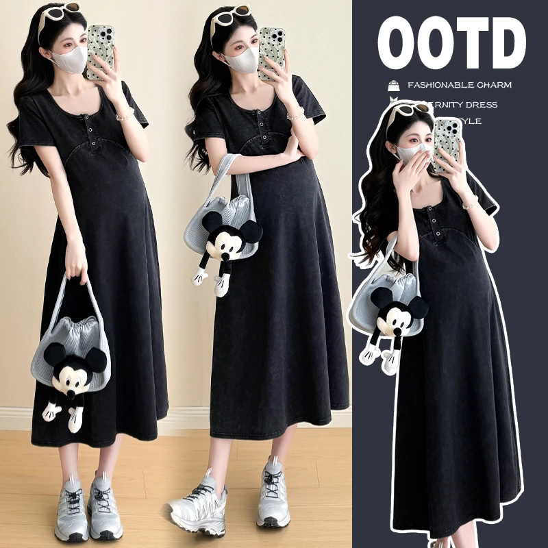 夏季新款孕妇装显瘦减龄中长款韩版连衣裙外出通勤百搭短袖长裙女