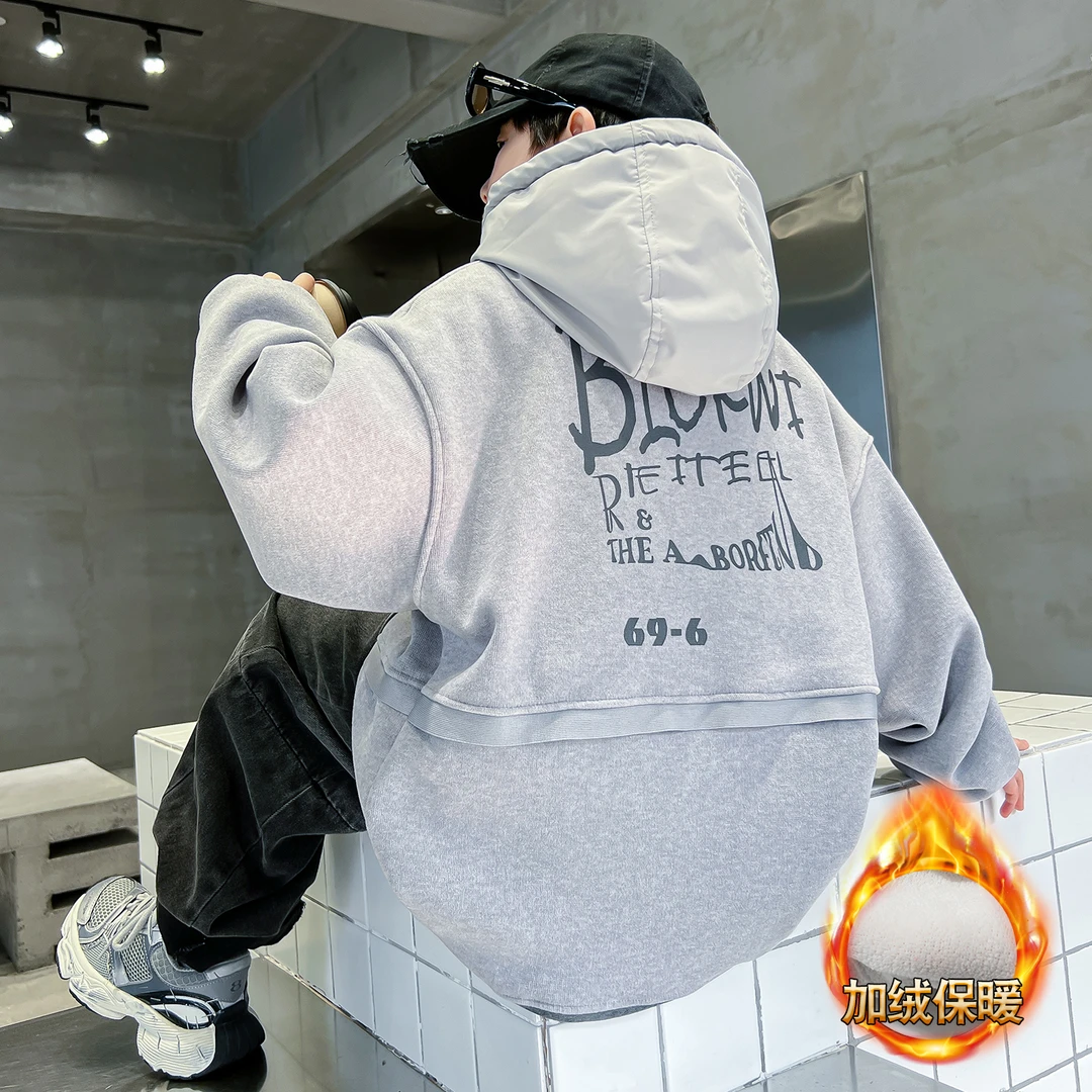 2025男童中大童秋冬奥利一体绒工装风加绒保暖连帽卫衣