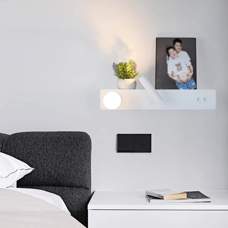 北欧极简床头壁灯家居温馨带置物架LED酒店长条氛围阅读灯