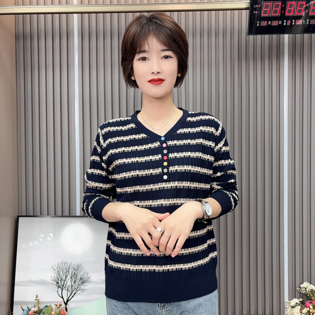 彩扣条纹衫-妈妈装中老年女装女士针织百搭舒适长袖早秋条纹衫
