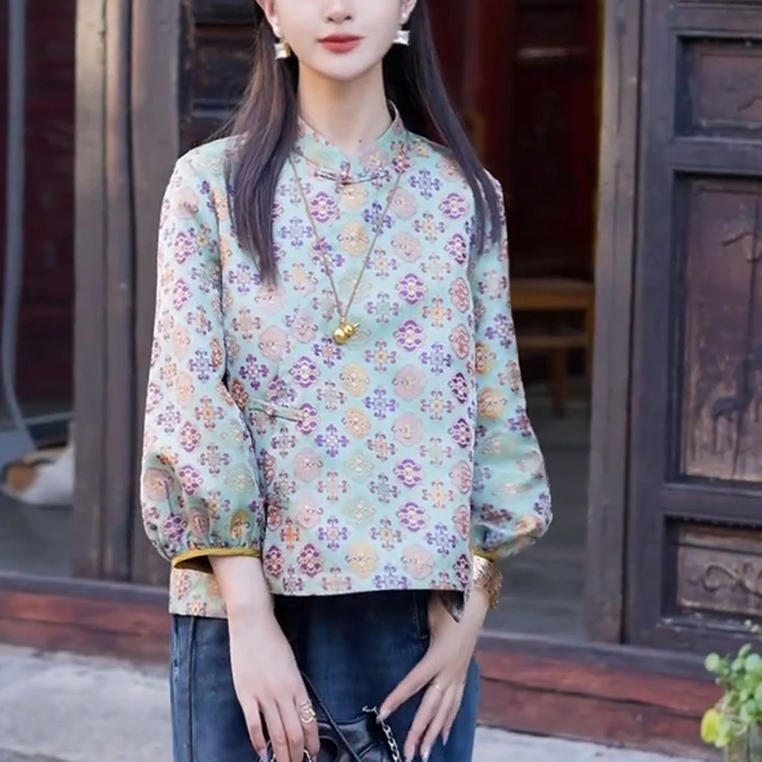 早秋新款宽松显瘦遮肉八分袖打底衫印花复古国风新中式圆领式上衣