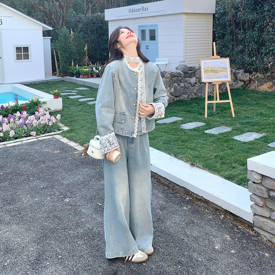 独特绝美蕾丝拼接牛仔套装女2025新款早秋穿搭一整套巨好看两件套