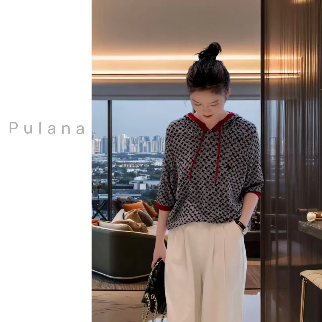 742 新款夏装连帽千鸟格宽松针织大码妈妈休闲百搭款上衣