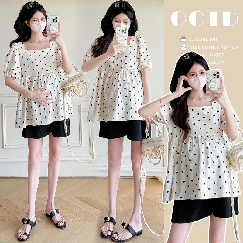 孕妇套装大码短袖夏季宽松遮肉娃娃衫上衣微胖MM小个子波点上衣