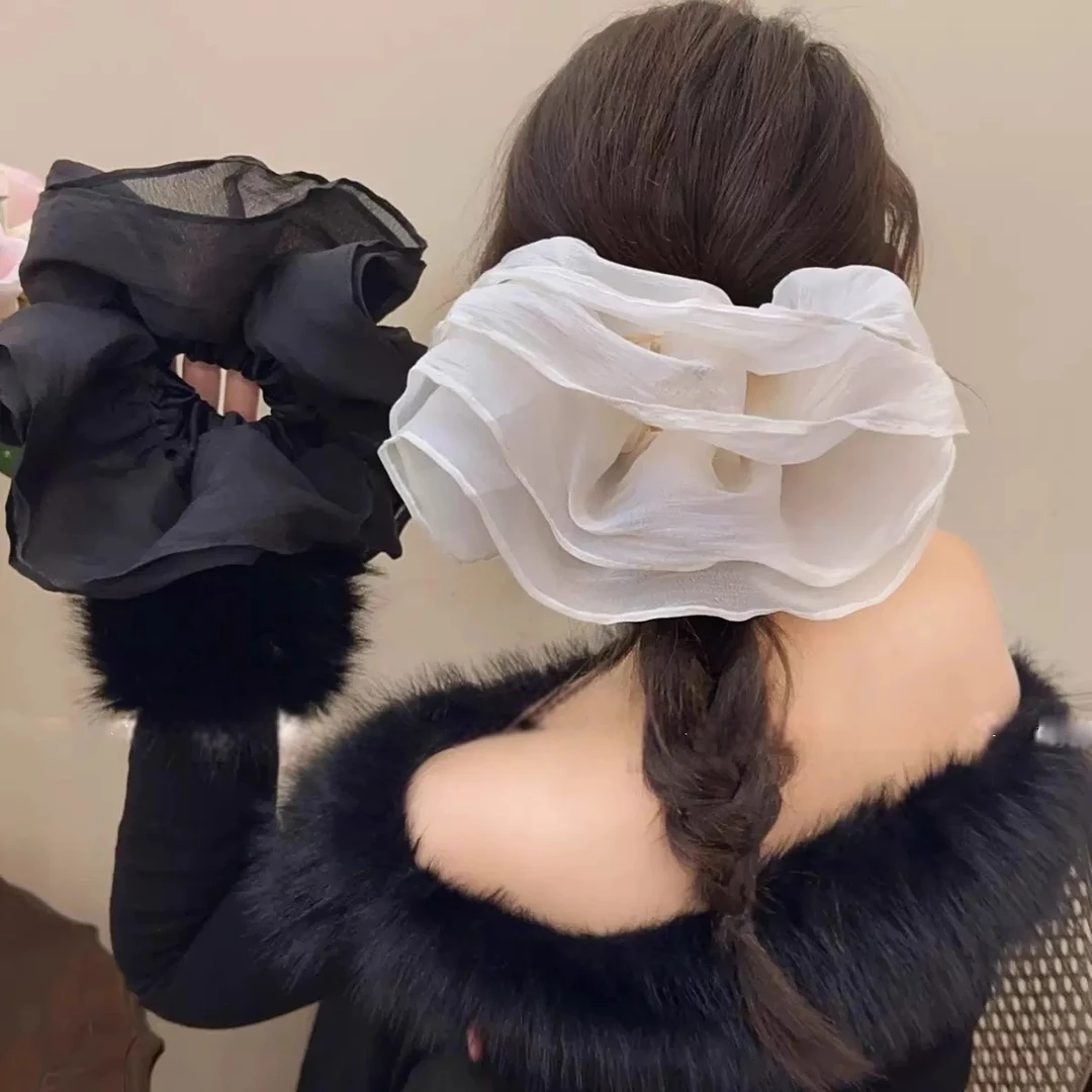 法式超大号褶皱双层网纱大肠发圈高级感扎马尾头花女2025新款头绳