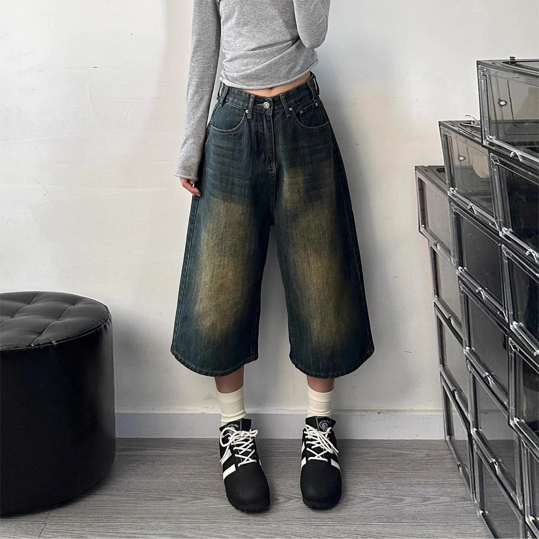 胖mm大码女装梨型身材显瘦款阔腿牛仔裤女复古街头辣妹风七分裤子