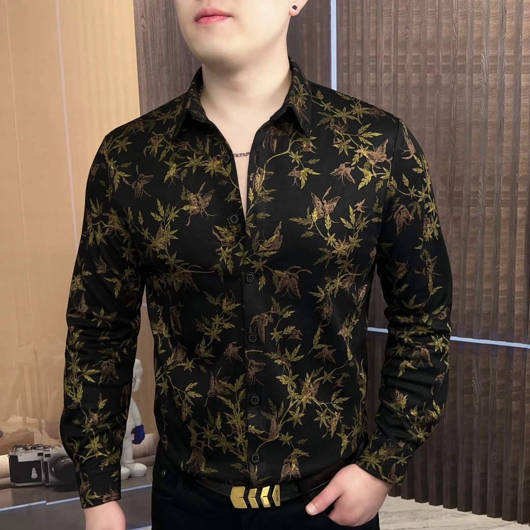 秋冬加厚磨毛休闲衬衫男士春秋衬衣长袖时尚修身印花潮流CLY-4