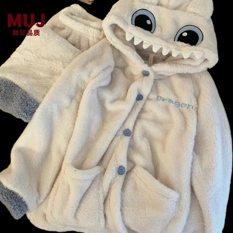 日本进口【无印MUJ】网红无牙仔珊瑚绒睡衣女冬季加绒加厚卡通连