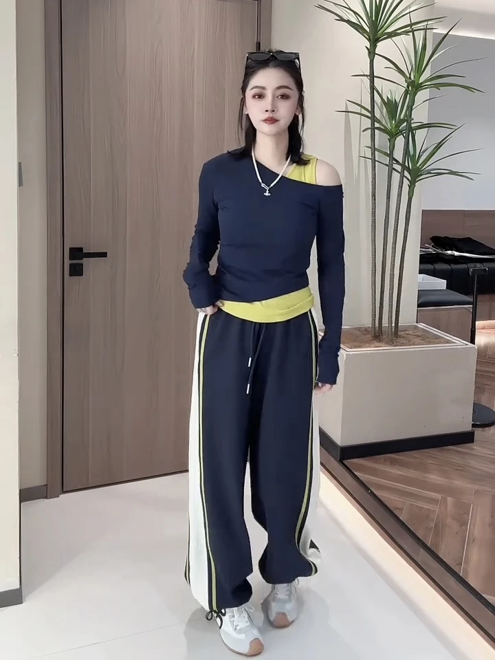 春季新款两件套裤套装显瘦休闲裤运动洋气时尚撞色拼接拼色百搭