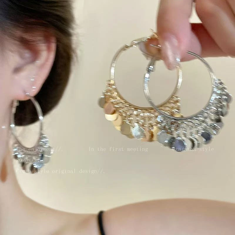 波光粼粼~民族风圆片流苏耳圈女高级感小众波西米亚气质耳环耳饰