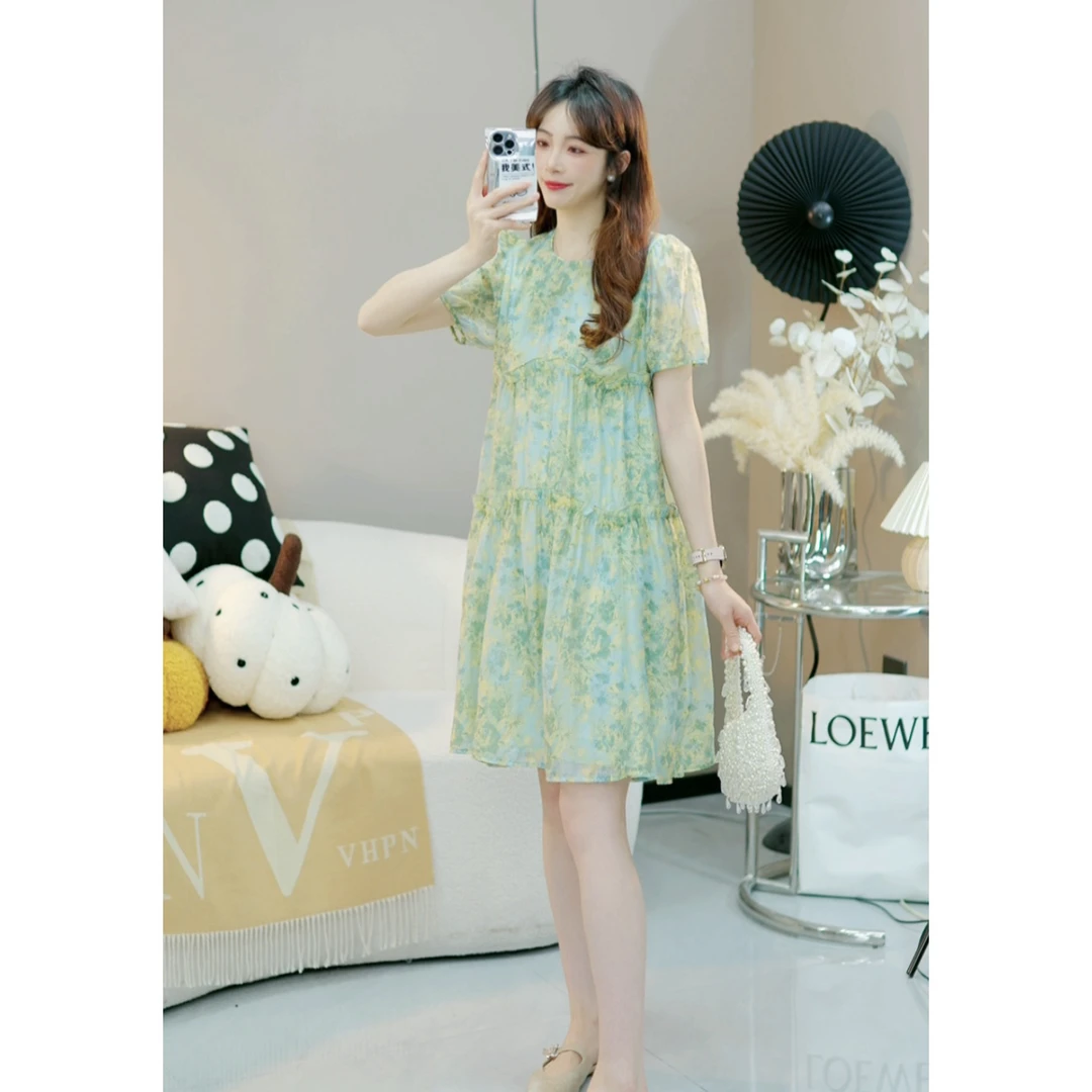 【涟漪D】田原风文艺优雅荷叶边印花清新绿色碎花连衣裙X139