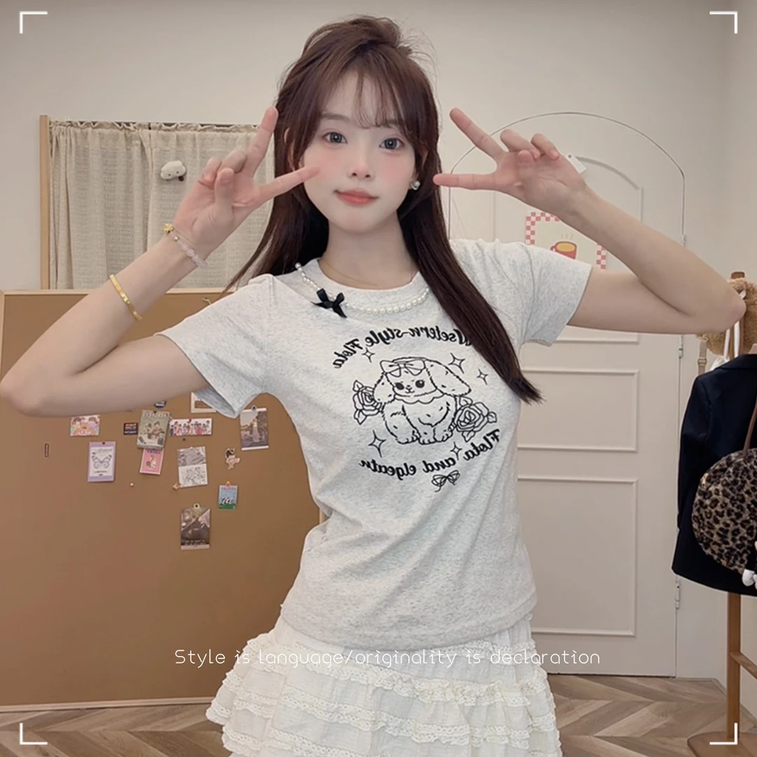 珍珠领边蝴蝶结小狗印花收腰显瘦修身圆领短款短袖百搭女上衣T恤