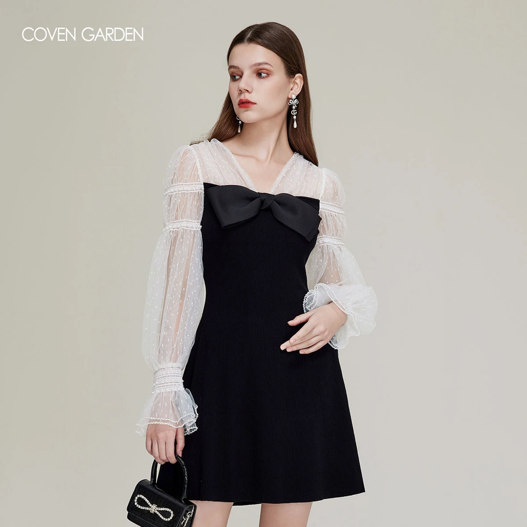 哥文花园 秋季网纱泡泡袖公主连衣裙小黑裙CTA1081520