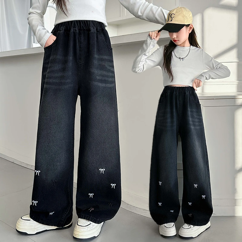 女童洋气牛仔阔腿裤春秋新款儿童宽松休闲直筒裤中大童百搭长裤子