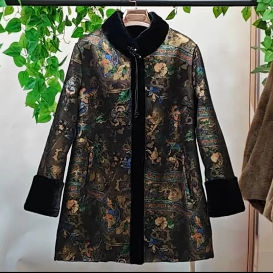 2906中老年立领加绒加厚中长款新中式两面可穿外套