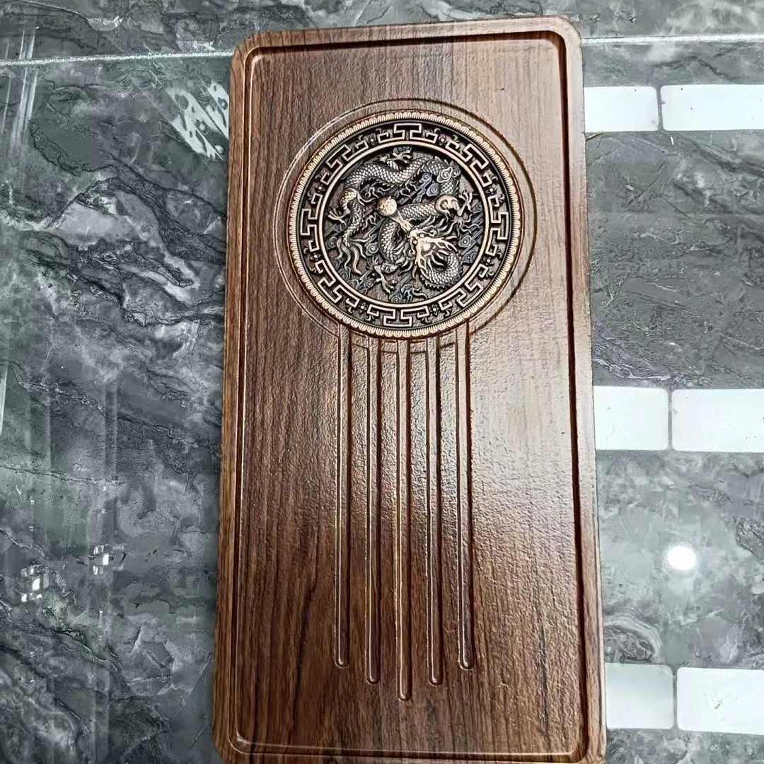 Y4390-棕色祥龙忘川干泡盘家用中式长方形茶托盘精雕茶台茶具手工