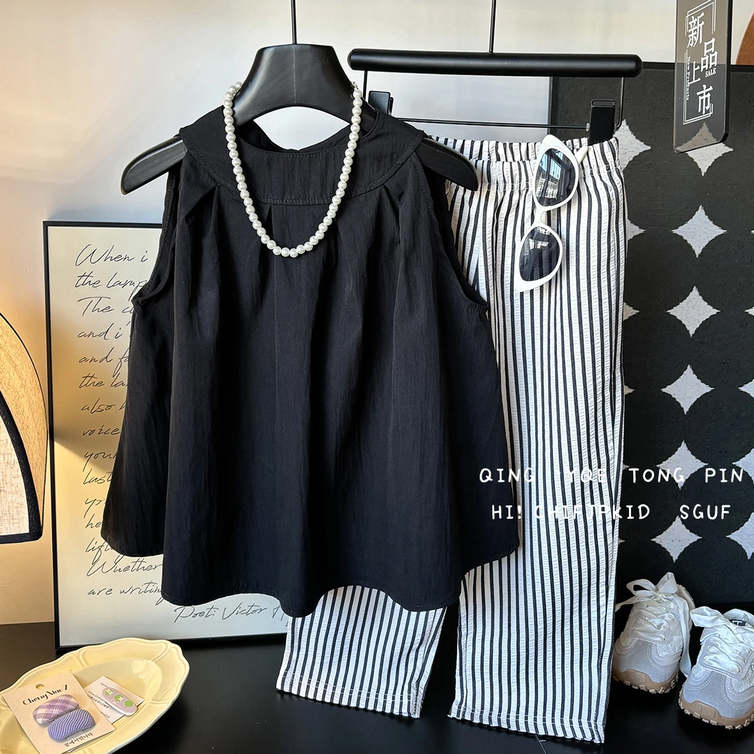 【25夏季上新】女童无袖套装甜酷风条纹韩版时尚两件套黑色显瘦