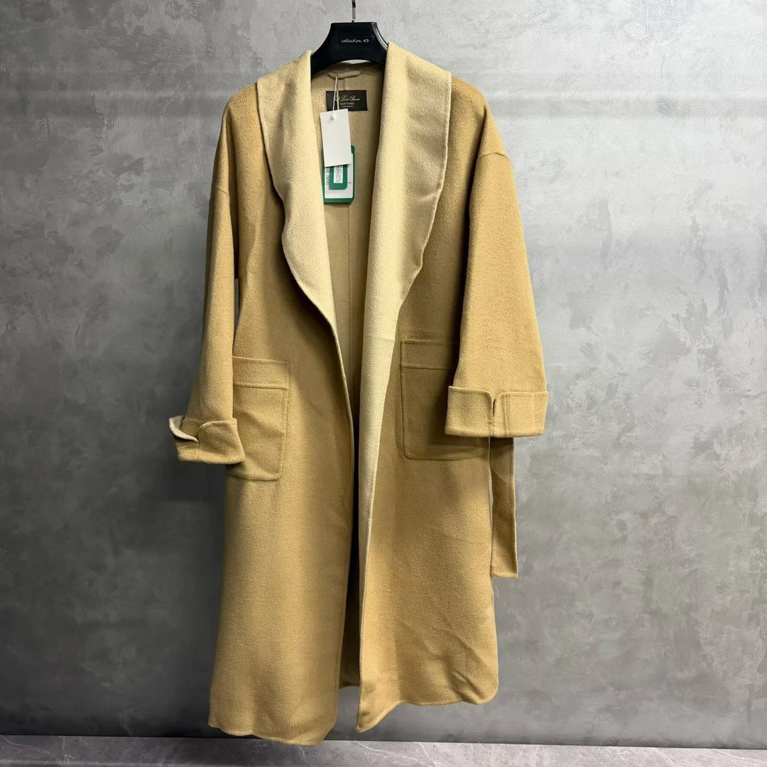 loro piana 米色翻领宽松系带长款长袖大衣 /40