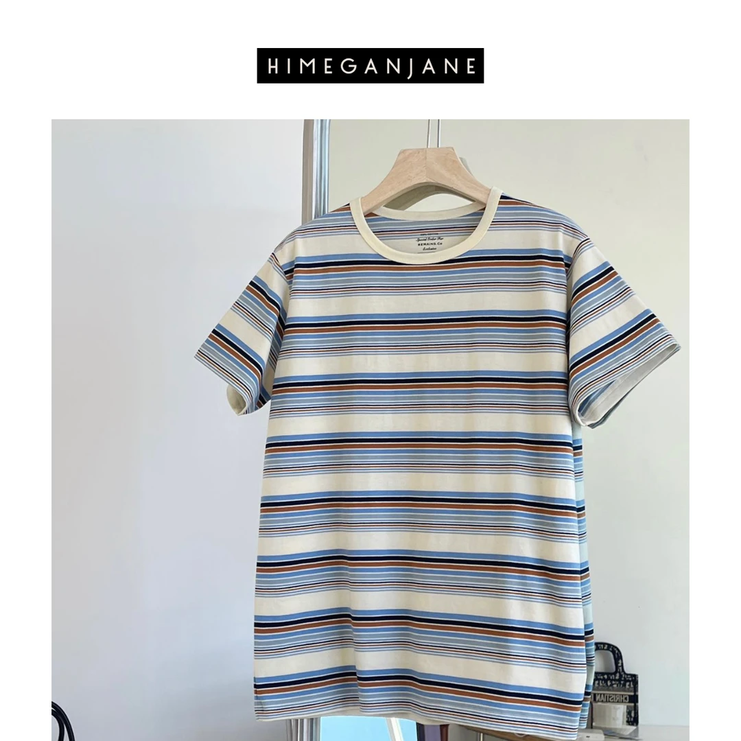 HIMEGANJANE 白姐同款条纹T恤高质感100精梳棉显白撞色短袖24116