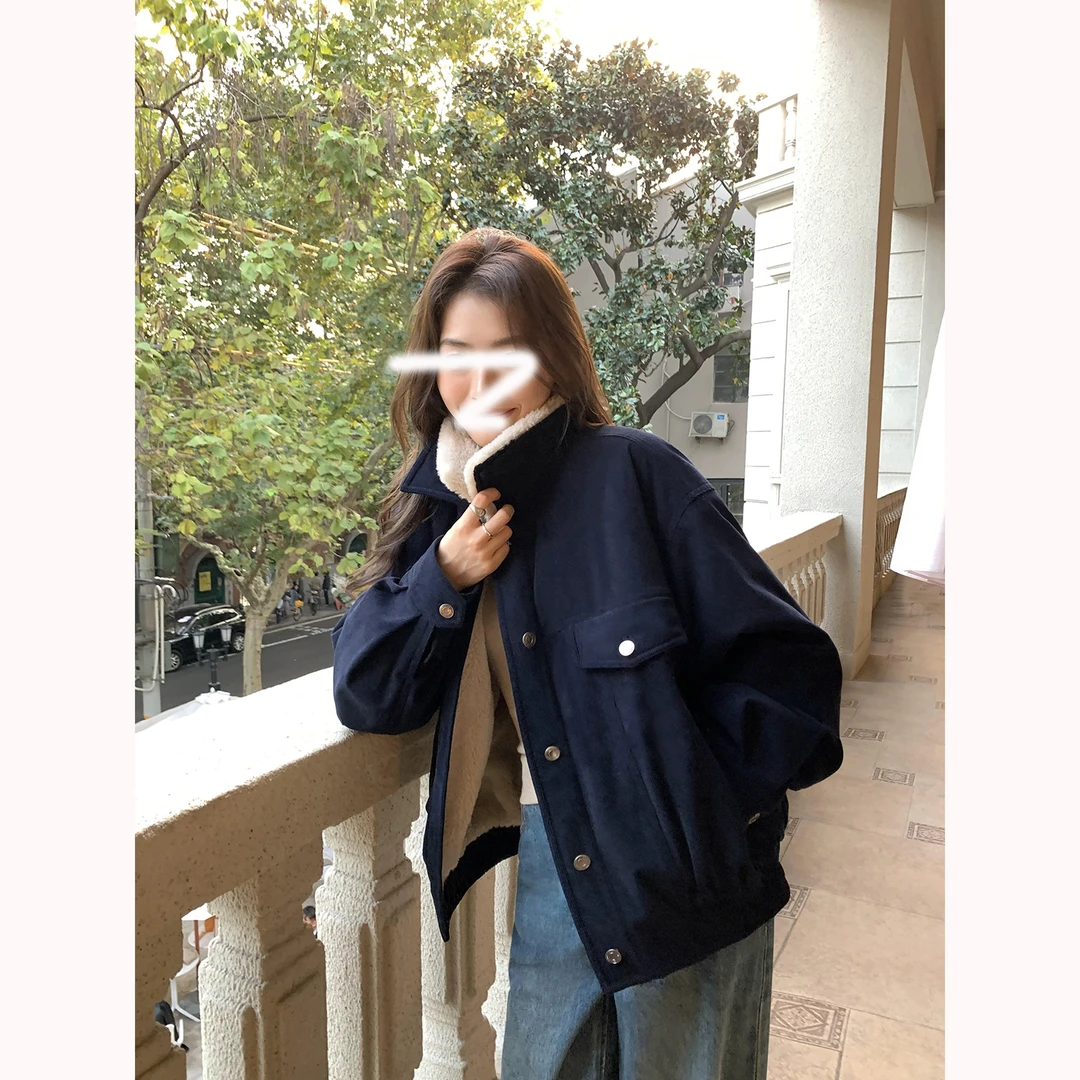 美式复古灯芯绒外套女秋冬仿羊羔毛翻领韩版百搭棉衣工装夹克上衣