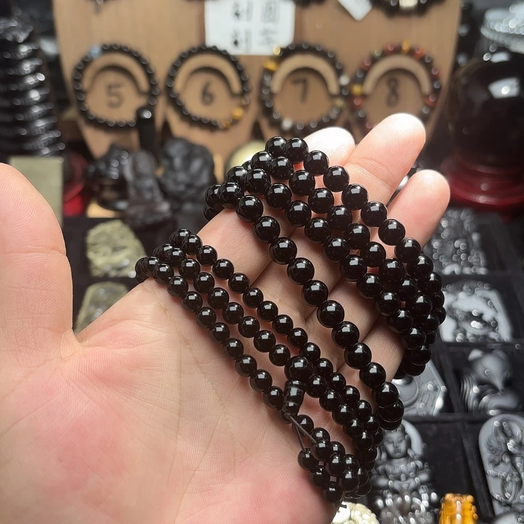 平***安黑曜岩未镶嵌手链