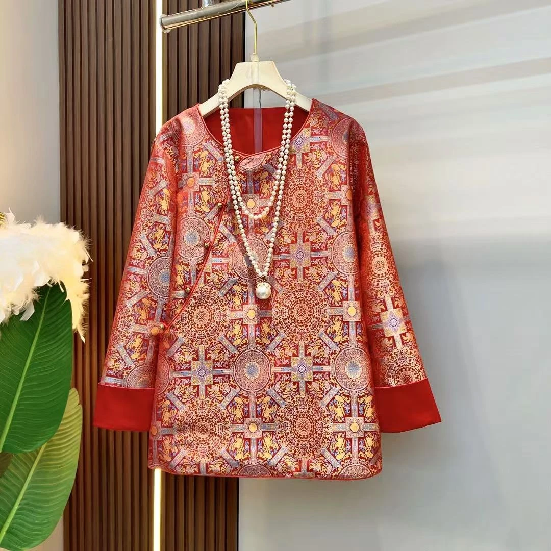 新中式国潮宋m锦复古盘扣新年战袍斜襟高级感拼接衬衫上衣