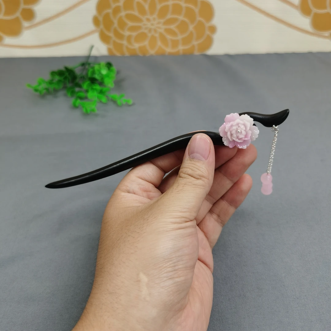 浅粉色牡丹花黑檀木发簪发钗新中式头饰发饰古风盘发簪簪子步摇