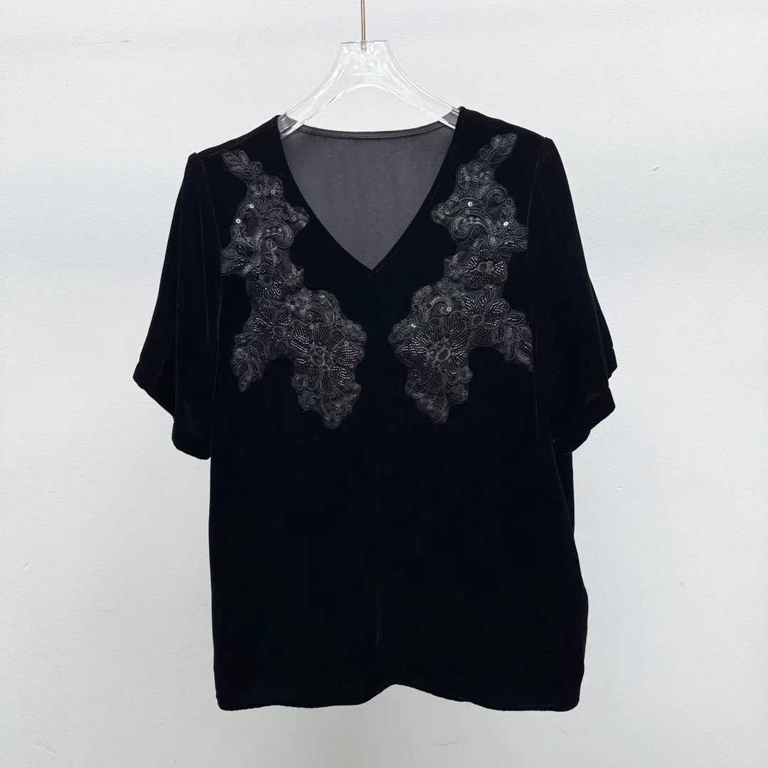 黑白黄三色可选真丝丝绒刺绣短袖纯色V领通勤短袖T恤百搭国潮新风