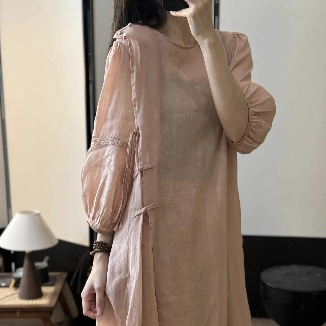 【筱然】2025新款苎麻手工盘扣花边系带国风连衣裙双层半裙套装