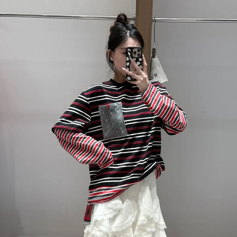 【现货】YANAG条纹的间奏曲假两件针织百搭时尚口袋T恤纯棉长袖上衣