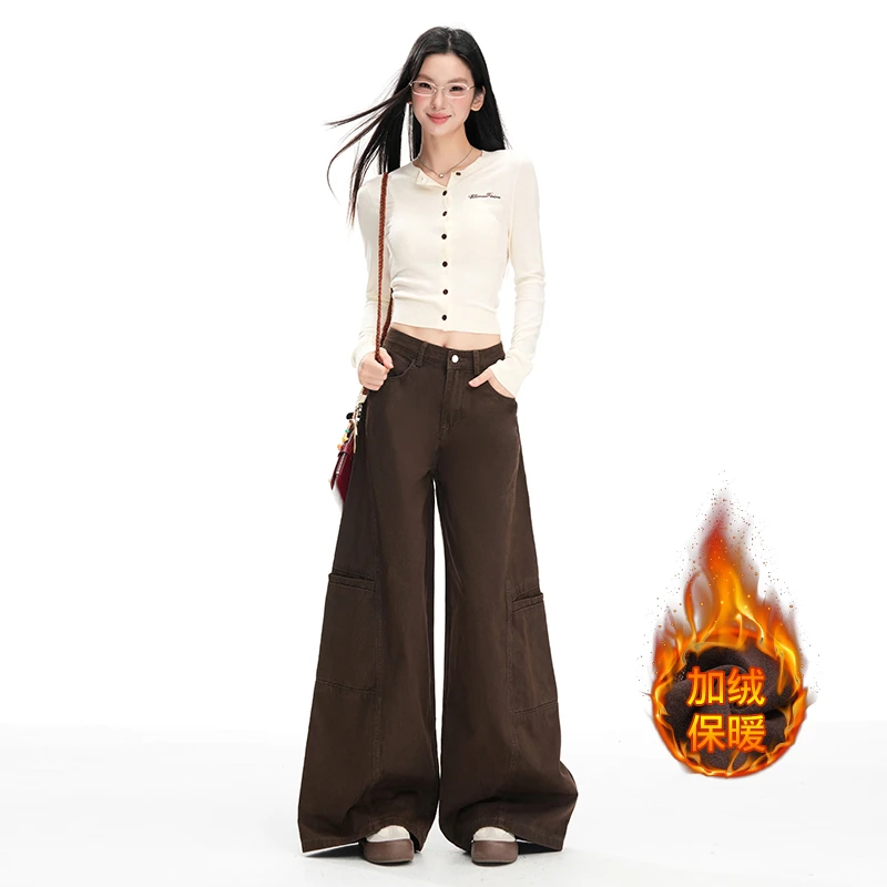 美式黑色工装裤女加绒2025年秋冬新款宽松阔腿牛仔裤小个子长裤