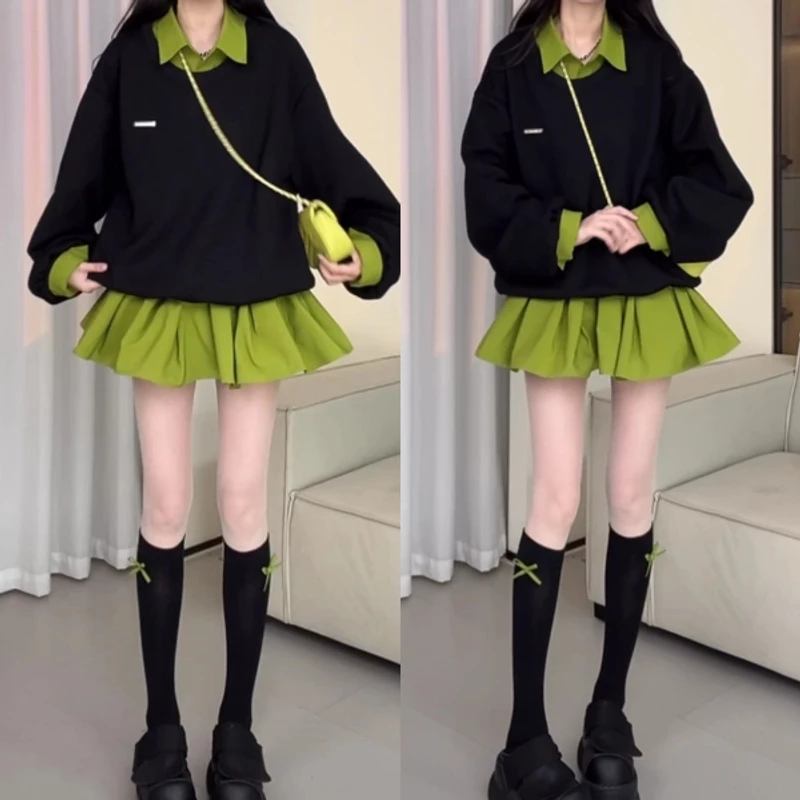 2025新款春季设计感拼接假两件卫衣学院风百搭宽松潮流连衣裙女