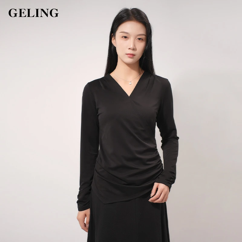 GELING/歌&玲压褶上衣显瘦长袖运动时尚休闲女士黑色修身G511W17