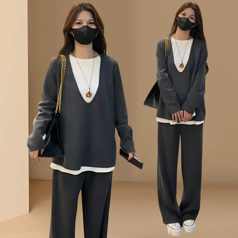 小个子休闲时尚套装女士春秋新款拼接假两件上衣气质减龄两件套潮