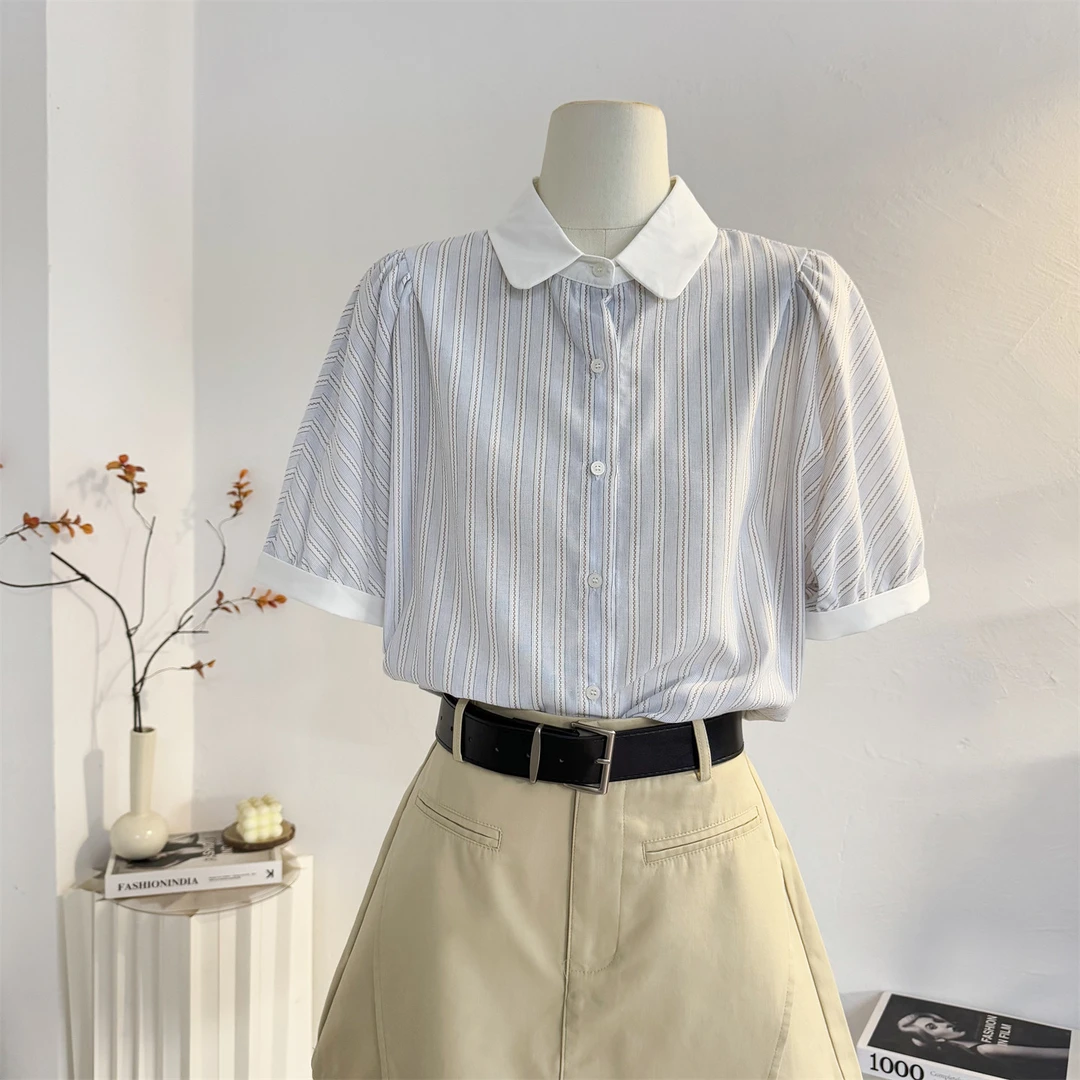 撞色polo翻领条纹短袖衬衫女2025夏季宽松休闲复古减龄学院风衬衣