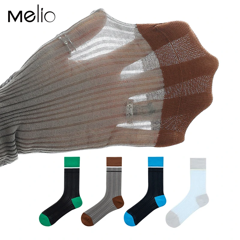 夏季超薄透气半透肉网眼撞色中筒棉袜子女 女士夏款薄棉韩国袜子