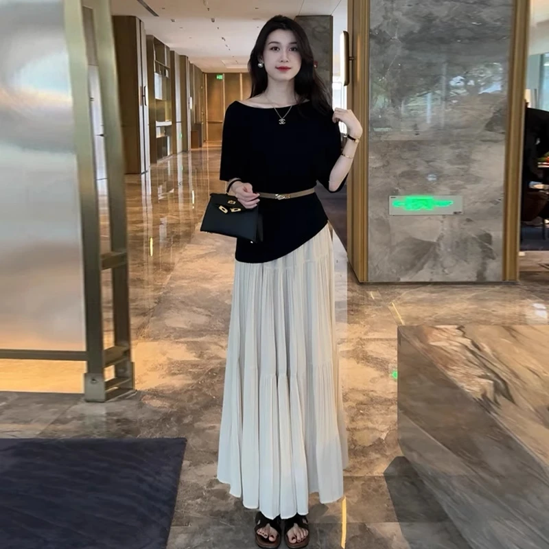 时尚连衣裙套装女2025夏季新款洋气显瘦短袖上衣高腰半身裙两件套