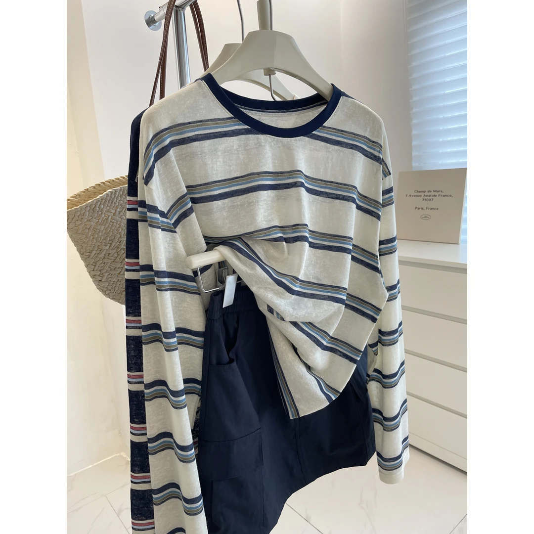 复古显白撞色领条纹衫女垂感宽松显瘦休闲长袖T恤设计感小众韩版