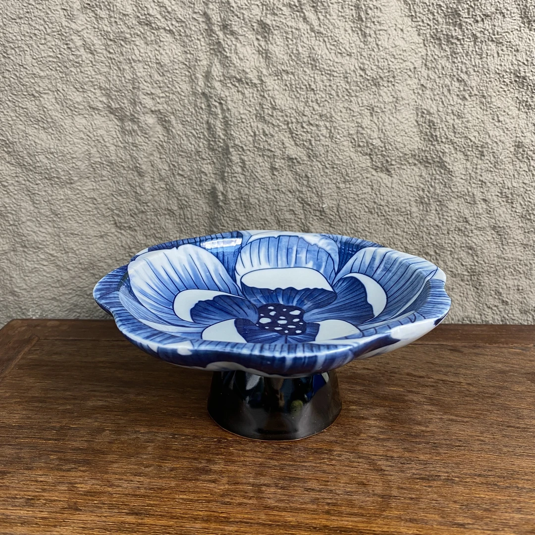 f203-仿古青花高足果盘-繁花茶点盘复古创意陶瓷家用花纹缠枝