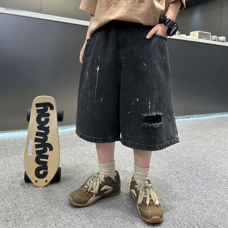 男童牛仔短裤夏季2025新款儿童薄款五分裤涂鸦裤子大童中裤夏装潮