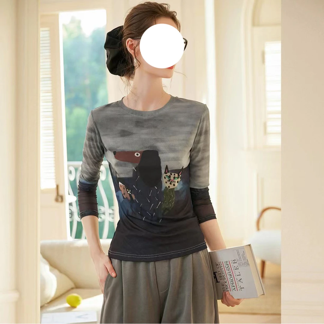 独特气质正肩印花圆领长袖T恤女秋季新款休闲打底小众防晒衫上衣