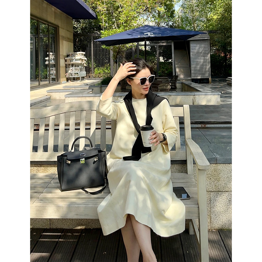 ZZ·DANGDANG亚麻混纺圆领长款极简宽松休闲连衣裙13423068