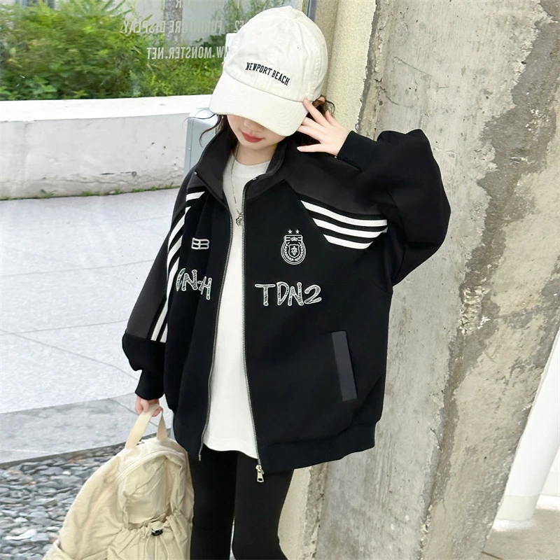 女童秋季外套2025新款女孩立领长袖开衫中大童宽松夹克洋气棒球服
